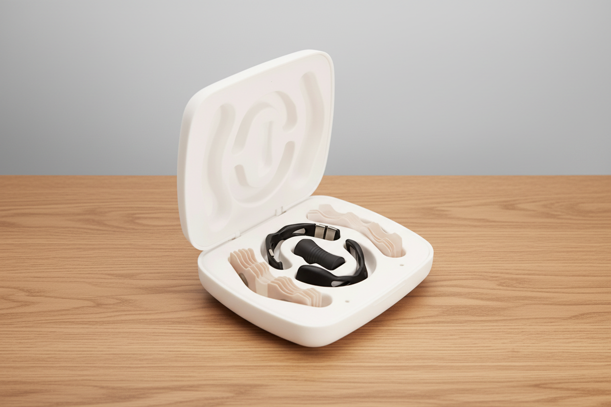 White earbud case with black earbuds inside on a white background